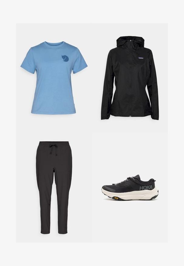 Chaqueta ligera negra con capucha, cierre de cremallera en la parte delantera y puños elásticos. Presenta un pequeño logotipo bordado en el lado izquierdo del pecho. Textura suave.; Camiseta de algodón azul con mangas cortas, cuello redondo, que presenta un logotipo de gato estilizado en azul oscuro en la parte izquierda del pecho. Corte clásico.; Pantalones de chándal negros con cintura elástica, detalle de cordón ajustable y bolsillos laterales. Hechos de una tela suave y ligera.; Zapatillas deportivas negras con parte superior de malla transpirable, suela de goma, entresuela blanca acolchada y cordones reflectantes. Logo de Vibram en la suela.