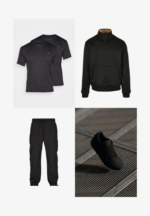 Mustmust õmblustega must jakke, millel on kõrge krae ja kaks esist pocketsit, valmistatud pehmest kangast, ribavarrukate ja alläärtega, sile tekstuur.; Kaks musta lühikese varrukaga T-särki, mis on valmistatud siledast ja kergest kangast, ümarate kaeluseava ja väikese valge logoga rinna piirkonnas.; Mustad musta, kerge, veekindel püksid elastse vöökoha, reguleeritava nööriga, küljetaskute ja kitsenevate pahkluudega.; Mustad must sneaker, suju tekstuuriga, ümmarguse varbaga, paelaga esipaneel ja nõrk bränding. Käsitletud tekstuurse industriaalsete taustal.