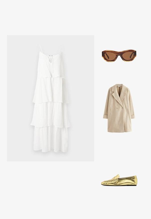 Beżowy płaszcz podwójnie zapięty z wełny z klapami, dwoma bocznymi kieszeniami i luźnym krojem. Charakteryzuje się teksturowanym materiałem i guzikowymi akcentami.; Biała, warstwowa sukienka uszyta z teksturowanej tkaniny, z cienkimi ramiączkami typu spaghetti i wiązaniem przy dekolcie.; Złote mokasyny wykonane z błyszczącej skóry, z płaską podeszwą, fałdowanym przodem oraz dekoracyjnym paskiem na wierzchu.; Okulary przeciwsłoneczne z oprawką w wzór żółwiej skorupy, brązowymi gradientowymi szkłami i eleganckim kształtem kociego oka. Wykonane z lekkiego plastiku z błyszczącym wykończeniem.; Tory Burch ROMY wielbłądzi
