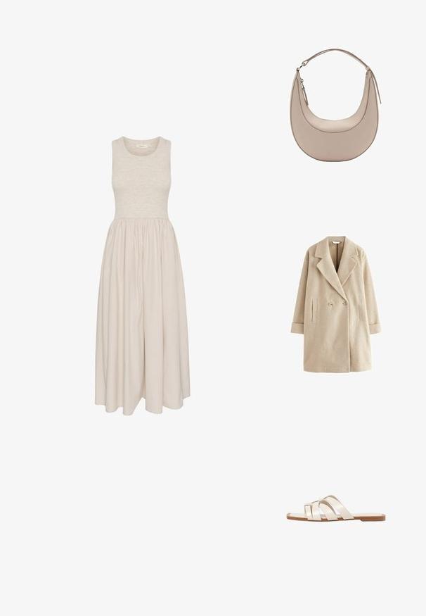 Beige vlneno-syntetický dvouřadý kabát s klopovým límcem, dvěma bočními kapsami a volnějším střihem. Obsahuje strukturovanou tkaninu a knoflíkové detaily.; Bezramenné, k délce kolen sahající šaty béžové barvy s přiléhavým živůtkem a nařasenou sukní. Vyrobeno z měkké látky s hladkým povrchem.; Ploché sandály s hnědou gumovou podrážkou, navržené se třemi překrývajícími se bílými koženými řemínky a malým mašlí uprostřed.; Světle béžová kožená kabelka přes rameno s půlměsíčovým tvarem, hladkým povrchem a jedním zakřiveným uchopem. Obsahuje zipový uzávěr a upravené švy.