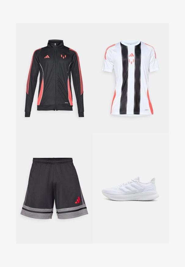 Schwarze Sportjacke mit roten Akzenten, Reißverschluss, hohem Kragen und weißen Paspelierungen. Mit drei vertikalen Streifen auf den Ärmeln. Aeroready-Branding sichtbar.; Weißes Sporttrikot mit schwarzen vertikalen Streifen und roten Akzenten an den Schultern. Verfügt über die AeroReady-Technologie zur Feuchtigkeitsregulierung.; Schwarze Sportshorts aus leichtem Material, mit einem grauen Streifen am Saum und einem roten Logo auf dem linken Oberschenkel. Elastischer Bund.; Weiße Sportschuhe mit einem strukturierten Mesh-Obermaterial, einer stützenden gepolsterten Sohle und einem drei Streifen-Design an der Seite.