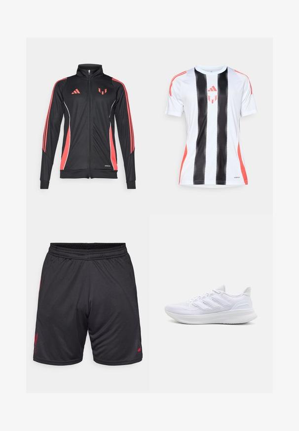 Black athletic jacket with red accents, zip closure, high collar, and white piping. Features three vertical stripes on sleeves. Aeroready branding displayed.; White athletic jersey with black vertical stripes and red accents on shoulders. Features AeroReady technology for moisture management.; Black athletic shorts with an elastic waistband, featuring a red logo on the side and smooth, lightweight fabric. No pockets visible.; White athletic shoes featuring a textured mesh upper, supportive cushioned sole, and three stripe design on the side.