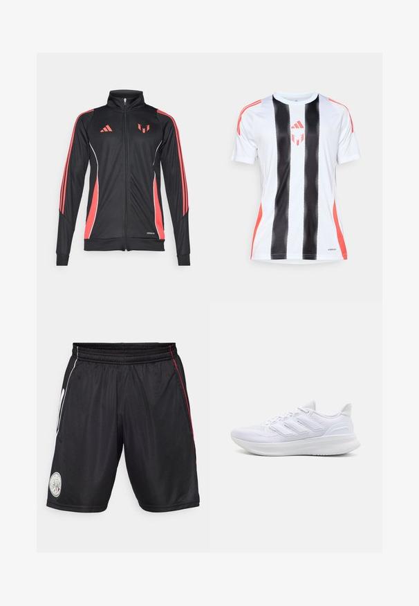Schwarze Sportjacke mit roten Akzenten, Reißverschluss, hohem Kragen und weißen Paspelierungen. Mit drei vertikalen Streifen auf den Ärmeln. Aeroready-Branding sichtbar.; Weißes Sporttrikot mit schwarzen vertikalen Streifen und roten Akzenten an den Schultern. Verfügt über die AeroReady-Technologie zur Feuchtigkeitsregulierung.; Schwarze Sportshorts mit elastischem Bund, weißen und roten Seitenstreifen sowie einem runden Logopatch am linken Bein. Glattes, leichtes Material.; Weiße Sportschuhe mit einem strukturierten Mesh-Obermaterial, einer stützenden gepolsterten Sohle und einem drei Streifen-Design an der Seite.