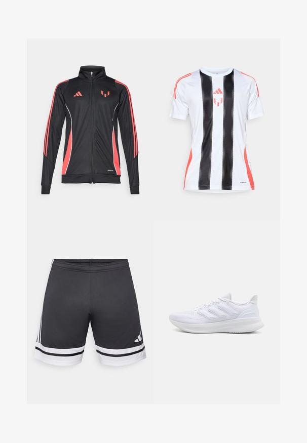 Chaqueta deportiva negra con acentos rojos, cierre de cremallera, cuello alto y ribetes blancos. Presenta tres franjas verticales en las mangas. Marca Aeroready visible.; Camiseta atlética blanca con rayas verticales negras y acentos rojos en los hombros. Presenta tecnología AeroReady para la gestión de la humedad.; Pantalones cortos deportivos negros hechos de tejido suave. Presentan rayas blancas en el dobladillo y los lados. Cintura elástica para mayor comodidad. Logotipo en el lado inferior.; Zapatillas deportivas blancas con una parte superior de malla texturizada, suela acolchada y soporte, y un diseño de tres rayas en el lateral.