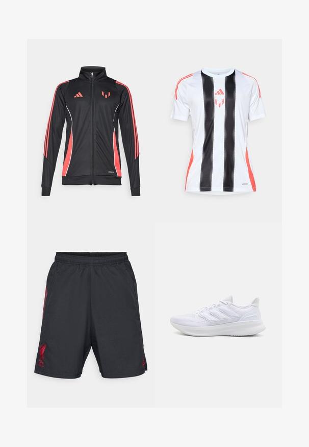 Schwarze Sportjacke mit roten Akzenten, Reißverschluss, hohem Kragen und weißen Paspelierungen. Mit drei vertikalen Streifen auf den Ärmeln. Aeroready-Branding sichtbar.; Weißes Sporttrikot mit schwarzen vertikalen Streifen und roten Akzenten an den Schultern. Verfügt über die AeroReady-Technologie zur Feuchtigkeitsregulierung.; Schwarze Sportshorts mit elastischem Bund, ausgestattet mit dem roten Liverpool FC-Logo und seitlichen Streifen. Leichtes, glattes Material, gerader Schnitt.; Weiße Sportschuhe mit einem strukturierten Mesh-Obermaterial, einer stützenden gepolsterten Sohle und einem drei Streifen-Design an der Seite.