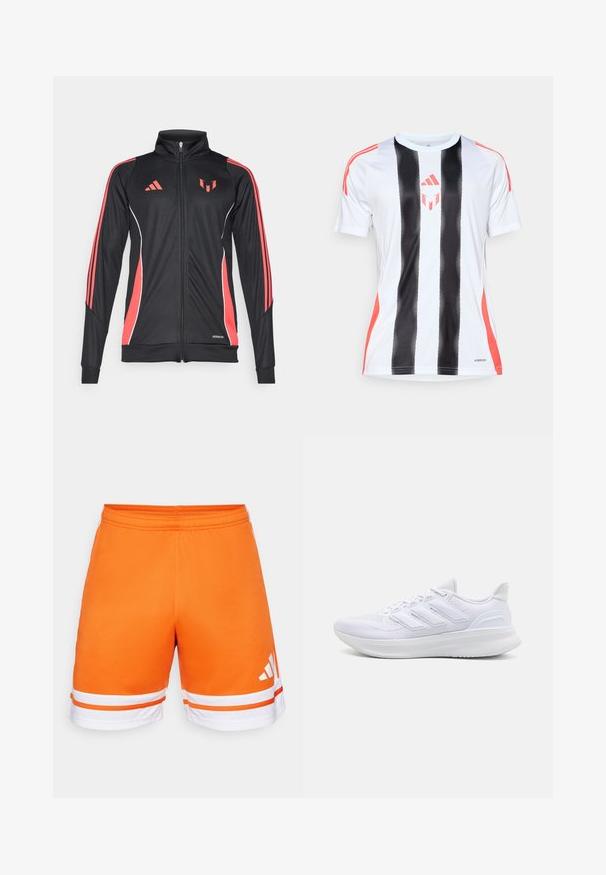 Giacca sportiva nera con accenti rossi, chiusura con zip, colletto alto e piping bianco. Presenta tre strisce verticali sulle maniche. Logo Aeroready visibile.; Maglia sportiva bianca con strisce verticali nere e dettagli rossi sulle spalle. Presenta la tecnologia AeroReady per la gestione dell'umidità.; Shorts sportivi arancioni con una texture liscia, vita elastica e strisce bianche all'orlo. Logo a tre strisce in bianco sul lato.; Scarpe sportive bianche con tomaia in mesh texturato, suola ammortizzata e supportiva, e design a tre strisce sul lato.