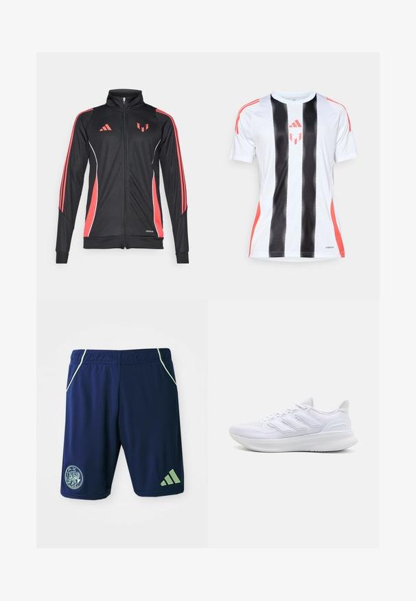 Black athletic jacket with red accents, zip closure, high collar, and white piping. Features three vertical stripes on sleeves. Aeroready branding displayed.; White athletic jersey with black vertical stripes and red accents on shoulders. Features AeroReady technology for moisture management.; Navy athletic shorts with green accents, elastic waistband, side pockets, logo patch, and three-stripe design on the lower leg.; White athletic shoes featuring a textured mesh upper, supportive cushioned sole, and three stripe design on the side.