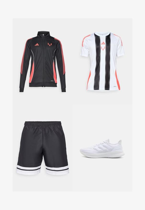 Melnā sporta jaka ar sarkanām akcentiem, ar rāvējslēdzēju, augstu apkakli un baltām apmalēm. Uz piedurknēm ir trīs vertikālas svītras. Redzama Aeroready zīmola emblēma.; Balts sporta krekls ar melnām vertikālām svītrām un sarkanām akcentiem plecos. Iekļauta AeroReady tehnoloģija mitruma pārvaldībai.; Melnas sporta bikses ar elastīgu jostu, ar baltām horizontālām svītrām apakšmalā un gludu tekstūru.; Baltas sporta apavu pāris ar teksturētu sietu augšdaļu, atbalstošu mīkstu zoli un trīs svītru dizainu sānos.