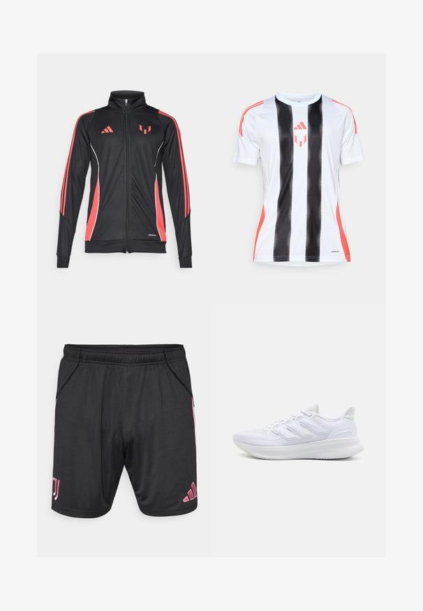 Musta urheilu takki punaisilla yksityiskohdilla, vetoketjukiinnitys, korkea kaulus ja valkoiset saumat. Varsi lohkoissa kolme pystysuoraa raitaa. Aeroready-brändi näkyvissä.; Valkoinen urheilupaita, jossa on mustat pystysuorat raidat ja punaiset yksityiskohdat harteilla. Varustettu AeroReady-teknologialla kosteuden hallintaan.; Mustat urheilushortsit vaaleanpunaisilla yksityiskohdilla, joustava vyötärö, sivutaskut ja Adidas-logo. Valmistettu kevyestä, sileästä kankaasta.; Valkoiset urheilukengät, joissa on teksturoitu verkkomateriaali ylhäällä, tukevat pehmustetut pohjat ja kolme raitaa sivussa.