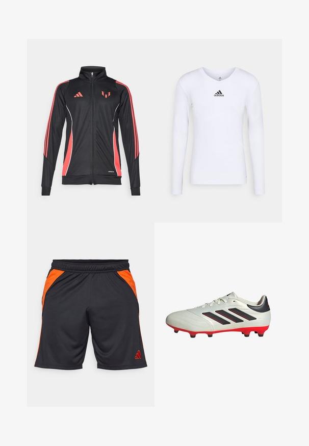 Chaqueta deportiva negra con acentos rojos, cierre de cremallera, cuello alto y ribetes blancos. Presenta tres franjas verticales en las mangas. Marca Aeroready visible.; Camiseta deportiva de manga larga blanca, fabricada con material suave, que presenta un logo negro de Adidas en el pecho; diseño de cuello en V y forma ajustada.; Pantalones cortos deportivos negros hechos de tejido transpirable, con paneles laterales naranjas y un logo bordado rojo en la parte inferior de la pierna izquierda.; Botas de fútbol blancas con acentos negros y suela roja. Presentan tres rayas negras en el lateral y una parte superior de textura suave.