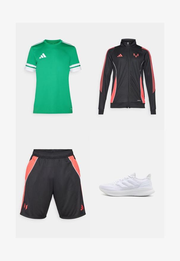 Chaqueta deportiva negra con acentos rojos, cierre de cremallera, cuello alto y ribetes blancos. Presenta tres franjas verticales en las mangas. Marca Aeroready visible.; Camiseta deportiva verde de tela suave, con rayas blancas en las mangas y un logo triangular blanco en la parte superior izquierda.; Pantalones cortos deportivos negros con paneles laterales rojos, ribete blanco, cinturilla elástica y un logo en la parte inferior de la pierna izquierda.; Zapatillas deportivas blancas con una parte superior de malla texturizada, suela acolchada y soporte, y un diseño de tres rayas en el lateral.