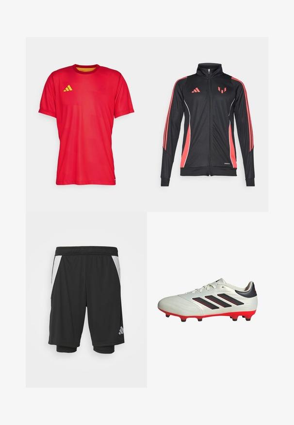 Schwarze Sportjacke mit roten Akzenten, Reißverschluss, hohem Kragen und weißen Paspelierungen. Mit drei vertikalen Streifen auf den Ärmeln. Aeroready-Branding sichtbar.; Rotes Sport-T-Shirt aus leichtem Stoff. Es hat einen Rundhalsausschnitt, kurze Ärmel und ein gelbes Akzentlogo auf der linken Brust.; Schwarze Sportshorts aus leichtem Material, mit weißen Seitenpaneelen, elastischem Bund und einem reflektierenden Logodetail auf der unteren linken Seite.; Weißer Fußballschuh mit schwarzen Akzenten und roter Sohle. Verfügt über drei schwarze Streifen an der Seite und ein glattes Obermaterial.