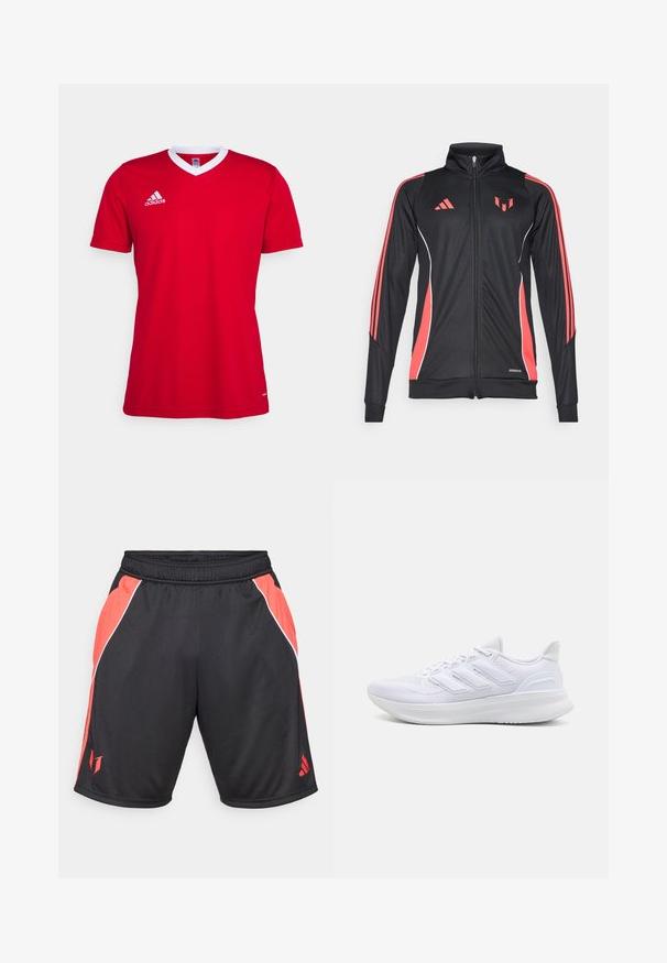 Schwarze Sportjacke mit roten Akzenten, Reißverschluss, hohem Kragen und weißen Paspelierungen. Mit drei vertikalen Streifen auf den Ärmeln. Aeroready-Branding sichtbar.; Rotes Adidas Fußballtrikot mit weißem V-Ausschnitt. Kurze Ärmel und dezente Branding auf der linken Brustseite. Glatter Stoff. ; Schwarze Sportshorts mit roten Seitenpaneelen, weißen Akzenten, einem elastischen Bund und einem Logo auf dem unteren linken Bein.; Weiße Sportschuhe mit einem strukturierten Mesh-Obermaterial, einer stützenden gepolsterten Sohle und einem drei Streifen-Design an der Seite.