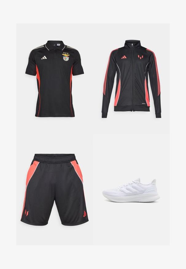 Černá sportovní bunda s červenými akcenty, zipovým uzávěrem, vysokým límcem a bílým lemováním. Obsahuje tři vertikální pruhy na rukávech. Značka Aeroready.; Černé polo triko s červenými bočními panely, logem Adidas a klubovým emblémem se zlatými hvězdami. Vyrobeno z prodyšné texturované tkaniny.; Černé sportovní šortky s červenými bočními panely, bílým akcentním lemem, elastickým pasem a logem na dolní části levé nohy.; Bílé sportovní boty s texturovaným síťovaným svrškem, podpůrnou polstrovanou podrážkou a třemi pruhy na boku.