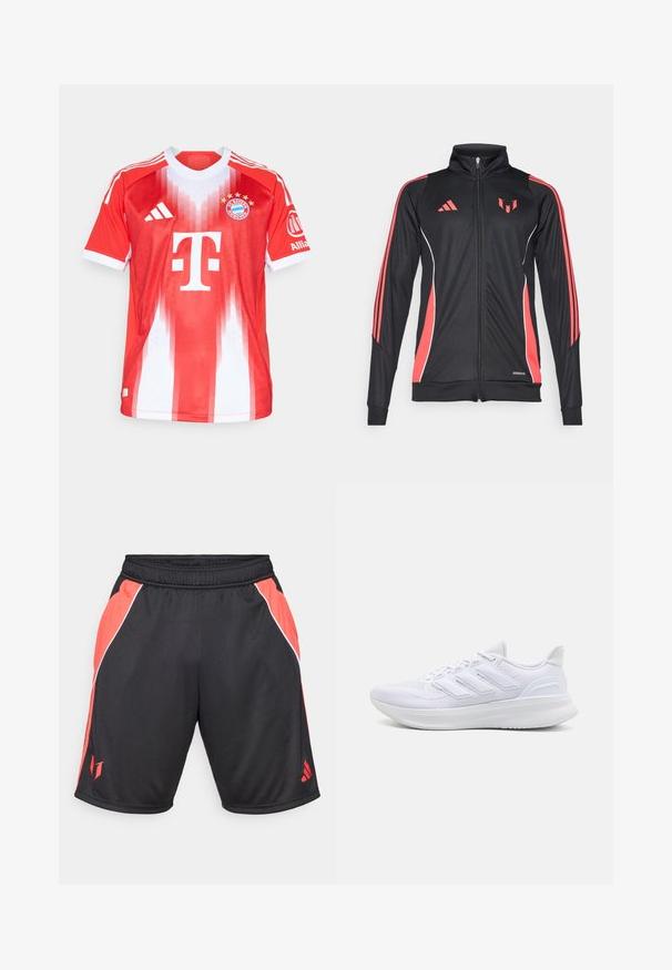 Černá sportovní bunda s červenými akcenty, zipovým uzávěrem, vysokým límcem a bílým lemováním. Obsahuje tři vertikální pruhy na rukávech. Značka Aeroready.; Červeno-bílý fotbalový dres vyrobený z prodyšného materiálu, s kulatým výstřihem, vertikálním pruhovaným vzorem, logem klubu a brandingem sponzora.; Černé sportovní šortky s červenými bočními panely, bílým akcentním lemem, elastickým pasem a logem na dolní části levé nohy.; Bílé sportovní boty s texturovaným síťovaným svrškem, podpůrnou polstrovanou podrážkou a třemi pruhy na boku.