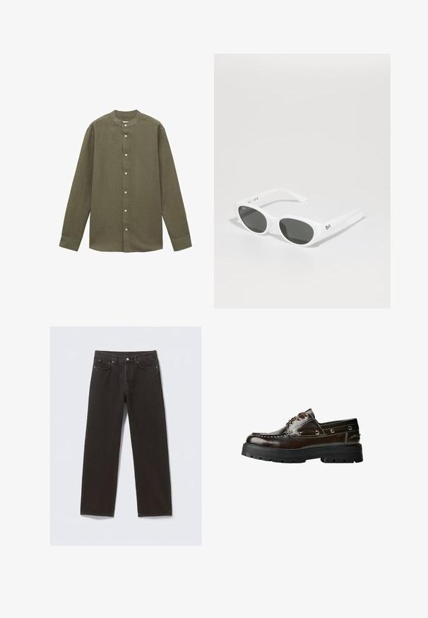 Mørkebrun pufferjakke med høj krave, lynlåslukning og to forlommer. Fremstillet af quiltet, isoleret materiale for varme.; Langærmet olivengrøn skjorte med båndkrave, lavet af et tekstureret stof, med frontknaplukning og én knap ved ærmerne.; Svarte denimjeans med straight-leg design, fem lommer og kobberfarvet syning. Glat tekstur, klassisk knaplukning i taljen.; Brune lædersko til båd med gummisål, der har stikninger, metaløjer og snørebåndsdesign. Kraftig, let konstruktion.; Hvide solbriller med runde stel og mørke linser. Har en glat plastoverflade og et lille logo på stangen.
