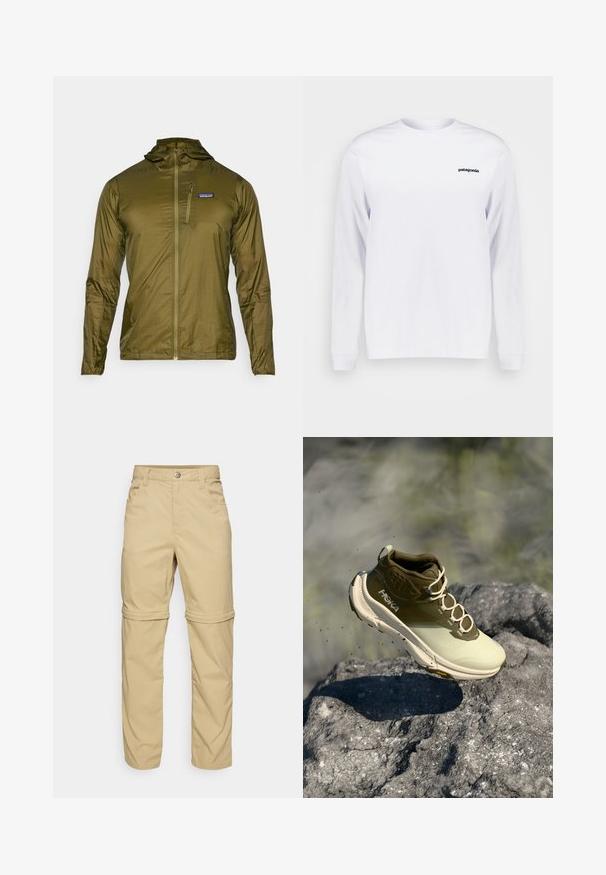 Olíva zöld, könnyű dzseki kapucnival, elülső cipzárral és egy kis mellzsebbel, amelyen logó szerepel. Simaságával és fényes textúrájával vonzza a tekintetet.; Fehér hosszú ujjú póló, pamutból készült. Kerek nyakkivágással és egy kis fekete "patagonia" logóval rendelkezik a bal felső mellrészen.; Beige, zipzáras nadrág sima textúrával, két oldalsó zsebbel, gombos záródással és felgöngyölhető nadrágszárral a sokoldalúság érdekében.; Krém és olívazöld színű, könnyű futócipő, texturált felsőrésszel, masszív fűzőkkel és Vibram talppal, amely a tapadást biztosítja.