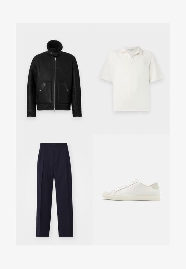 Mustast nahast jakk kõrge krae ja tõmblukuga. Kahel eesmisel taskul klapiga detailid. Sile tekstuur, matt viimistlusega.; Lühikeste varrukatega polo särk valge värviga, valmistatud tekstureeritud kangast. Klassikaline krae ja diskreetne nööpide rida kahe nööriga.; Tumed sinine, kohandatud püksid sirge lõikega, voldid ees, nupuga sulgemine ja nähtamatud taskud. Sile kangas.; Valge nahast sneaker, millel on sile pind, ümar varvas ja minimalistlik disain. Omab beeže aktsente kontsas ja kummist tallat.