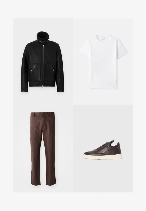 Svart läderjacka med hög krage och dragkedja. Har två framfickor med ficklock. Mjuk textur med en matt yta.; Vit bomull t-shirt, rund hals, korta ärmar, slät textur, inga mönster eller detaljer, enkel design, standard passform.; Bruna linnebyxor med en slät yta, med rak passform, framfickor, bälteshällor och en enda knappstängning i midjan.; Mörkbrun texturerad lädersneaker med snörning framtill och vit räfflad gummisula mot en enkel ljus bakgrund.