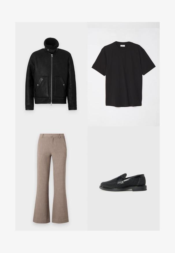 Musta nahkatakki, jossa on korkea kaulus ja vetoketjusuljenta. Takissa on kaksi etutaskua, joissa läppäyksityiskohdat. Pinta on sileä ja mattapintainen.; Mustat puuvillapaitat, joissa on pyöreä kaula-aukko, lyhyet hihat ja rento malli. Yksinkertainen muotoilu, sileä pinta ilman näkyviä kuvioita tai logoja.; Beige leveled trousers made of a textured fabric, featuring a zip closure and side pockets for functionality. Tailored design.; Musta kudottu liukupohjallinen kenka, jossa on sileä nahkakorostus päällisessä, pyöreä kärki ja matala kumipohja.