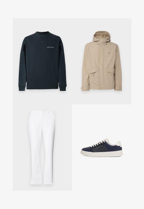 Beige waterproof jacket with a hood, front snap closure, two side pockets, and branded logo on the left chest. Smooth texture, casual design.; Navy blue cotton sweatshirt with crew neck, ribbed cuffs, and hem. Features "LYLE & SCOTT" logo in white on the chest. Smooth texture.; White cotton trousers with a straight-leg design, front pockets, a single button closure, and a smooth texture.; Navy blue sneakers with a smooth leather and textile upper, cream-colored laces, and a thick white rubber sole. Features brand logo.