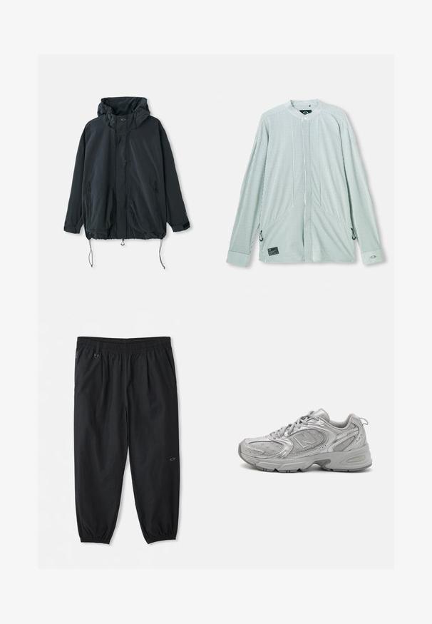 Black hooded jacket made of lightweight fabric. Features a zip closure, drawstrings, and side pockets with zippers. Loose fit design.; Striped long-sleeve shirt in green and white. Features a mandarin collar, side ties, and a brand tag on the lower front. Lightweight fabric.; Short-sleeved, light green t-shirt made of cotton. Features a chest pocket and a small logo near the pocket. Soft texture, casual design.; Black casual elastic-waist pants with side pockets, ankle elastic cuffs, and a small logo on the right thigh.; Silver athletic shoe with a sleek design, mesh panels, padded tongue, textured synthetic upper, and rubber outsole for traction.