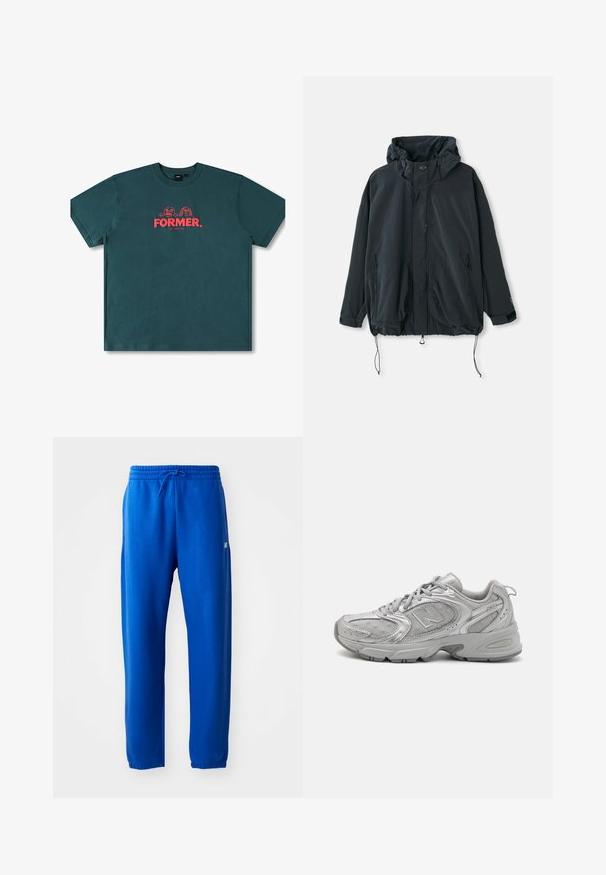 Schwarze Kapuzenjacke aus leichtem Material. Verfügt über einen Reißverschluss, Kordelzüge und seitliche Taschen mit Reißverschlüssen. Lockere Passform.; Türkisfarbenes Baumwoll-T-Shirt mit kurzen Ärmeln, Crew-Ausschnitt und einem zentralen Grafikdesign mit dem Text "FORMER." und verspielten Charakteren in Rot.; Blaue Sweatpants aus weichem Stoff, mit einem elastischen Bund und Kordelzug, schmal zulaufenden Beinen und einem kleinen Logodetail an der Seite.; Silberner Sportschuh mit schlankem Design, Mesh-Einsätzen, gepolstertem Schaft, strukturiertem Synthetik-Obermaterial und Gummisohle für Traktion.