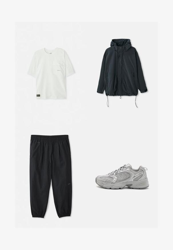 Czarna kurtka z kapturem wykonana z lekkiego materiału. Posiada zamek błyskawiczny, sznurki oraz boczne kieszenie na zamek. Luźny krój.; Koszulka z krótkim rękawem, w jasnym zielonym kolorze, wykonana z bawełny. Posiada kieszeń na piersi oraz małe logo w pobliżu kieszeni. Miękka tekstura, swobodny design.; Pasiasta koszula z długim rękawem w zielono-białym kolorze. Posiada kołnierzyk mandarynki, boczne sznurki oraz metkę marki na dolnej części przodu. Wykonana z lekkiego materiału.; Czarne, casualowe spodnie z elastycznym pasem, posiadające boczne kieszenie, elastyczne mankiety przy kostkach oraz małe logo na prawej udzie.; Srebrny but sportowy o eleganckim designie, panelach z siateczki, wyściełanym języku, teksturowanej syntetycznej cholewce oraz gumowej podeszwie dla lepszej przyczepności.