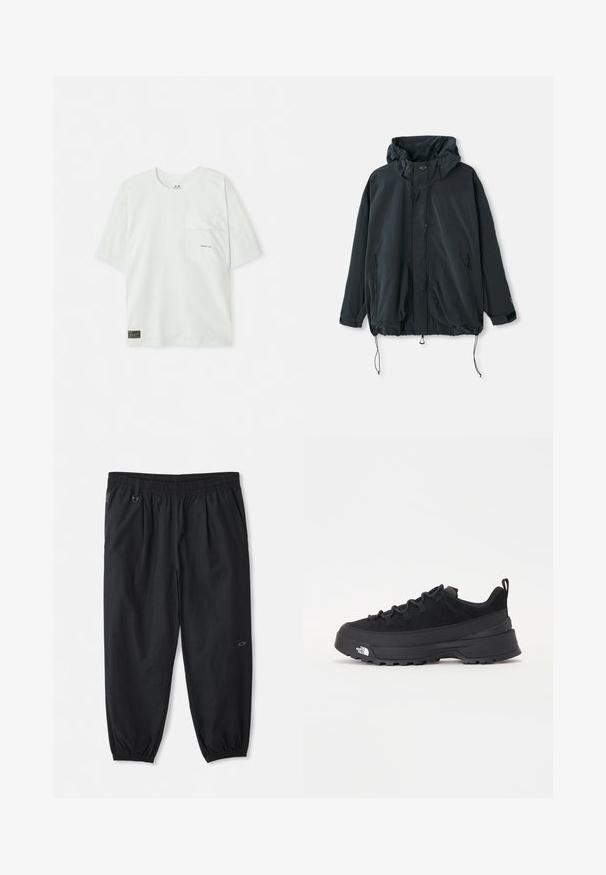 Black hooded jacket made of lightweight fabric. Features a zip closure, drawstrings, and side pockets with zippers. Loose fit design.; Short-sleeved, light green t-shirt made of cotton. Features a chest pocket and a small logo near the pocket. Soft texture, casual design.; Black casual elastic-waist pants with side pockets, ankle elastic cuffs, and a small logo on the right thigh.; Black outdoor sneaker with a suede upper, textured rubber sole, and sturdy lacing system. Features a reinforced heel and brand logo on the side.