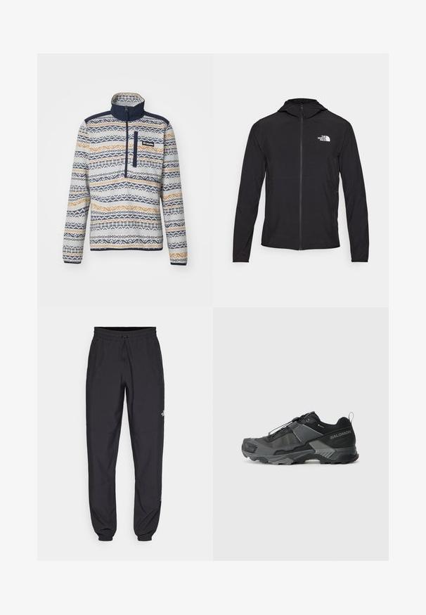 The North Face HOOD - Outdoorjas - black; Fleece pullover met een ritskraag, voorzien van een geometrisch patroon in marineblauw, beige en crème. Inclusief een borstzak met merkbranding.; Zwarte sportieve broek gemaakt van lichtgewicht stof, met een trekkoord in de taille, zijzakken en taps toelopende boorden bij de enkels.; Zwarte trailhardloopschoenen met een duurzame mesh bovenkant, versterkte neuskap, gestructureerde rubberen zool en elastisch vetersysteem voor een veilige pasvorm.