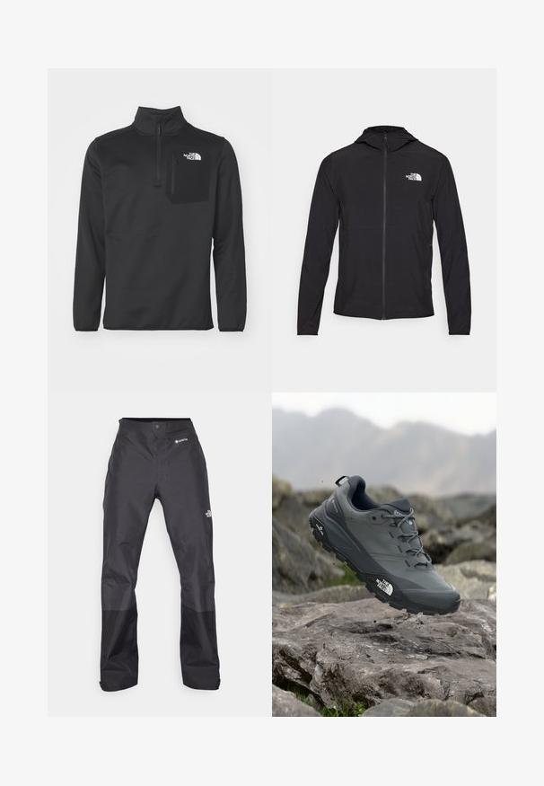 The North Face HOOD - Lauko striukė - black; Juodas vilnonis megztinis su ketvirčio užtrauktuku ir aukštu atsilaisvinimo krūtinės kišeniu, logotipo detale ir lygiu paviršiumi.; Juodos vandeniui atsparios kelnės su lygiu paviršiumi, su GORE-TEX logotipu priekyje ir sustiprintomis apačiomis dėl ilgaamžiškumo.; Pilkas bėgimo batelis su tekstūruota viršutine dalimi, tvirtu guminio pado ir sustiprinta nosimi. Turi raištelius ir prekės ženklo logotipą šone.