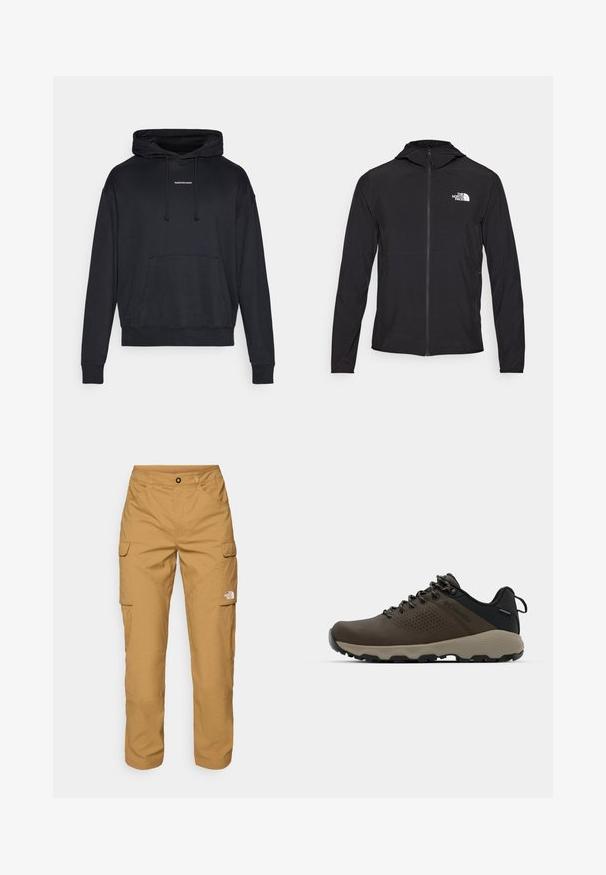 The North Face HOOD - Jakna za prosti čas - black; Črna kapuca z dolgimi rokavi, izdelana iz bombažne mešanice. Ima sprednji žep, vrvico za nastavitev in majhen bel logotip na prsih. Udoben kroj.; The North Face EXPLORATION PANTS - Hlačami s stranskimi žepi - utility brown; Rjave vodoodporne superge z teksturiranim zgornjim delom, perforiranimi detajli, črno podporo za peto in sivo gumijasto podlogo. Šnure imajo metalne konice.