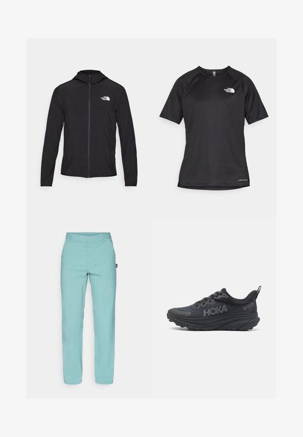 The North Face HOOD - Szabadtéri dzseki - black; Fekete, rövid ujjú sportpóló struktúrált anyagból, bal mellen fehér logóval és egyenes aljjal.; Világoskék nadrág, könnyű anyagból, egyenes láb kialakítással, sima elülső résszel és egy kis márkajelzéssel az oldalon.; Fekete Hoka futócipő, légáteresztő hálós felsőrésszel, texturált részletekkel és vastag, párnázott talppal, amelynek élei fokozott támogatást nyújtanak.