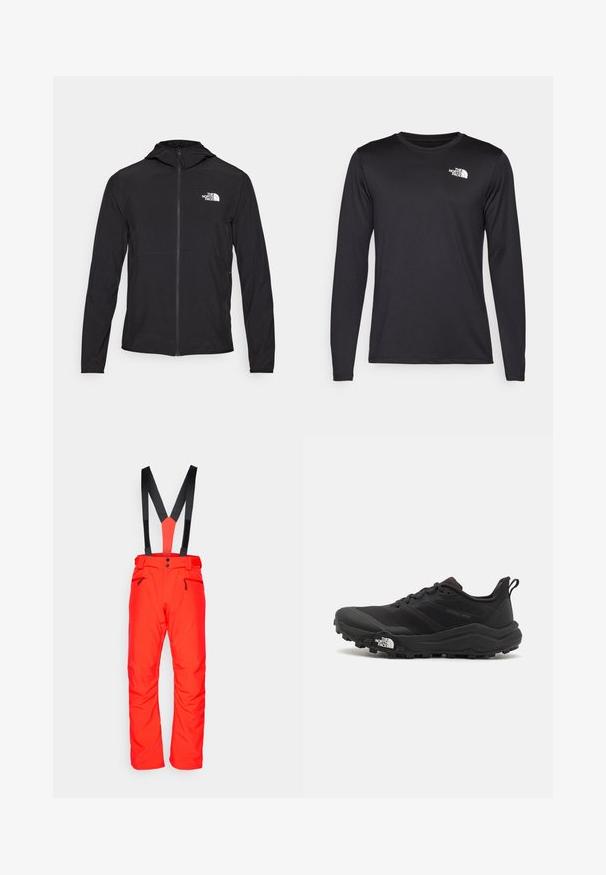 The North Face HOOD - Outdoor jacket - black; Long-sleeved black performance t-shirt made of lightweight fabric, featuring a white logo on the upper left chest. Smooth texture.; Salomon EDGE PANT - Ski pants - cherry tomato; Black trail running shoe with a textured upper, rubber sole, and reinforced toe cap. Features a padded collar and pull tab for easy wear.