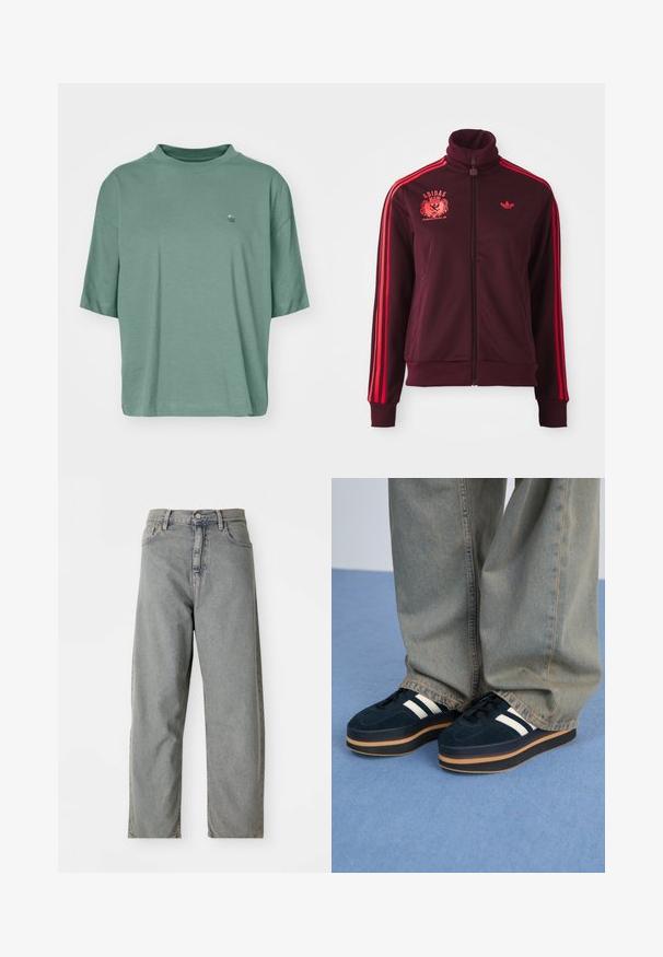 Bordeaux zipsú tracková bunda s vysokým golierom, červenými pruhmi na pleciach a vyšívaným logom na ľavej hrudi. Hladká tkanina, priliehavý strih.; Tričko s krátkym rukávom a voľným strihom v zemitom zelenom bavlne. Má jemné vlnové logo na hrudi a žebrovaný okrúhly výstrih.; Svetlo šedé džíny z denimu so strihom rovného nohavicí, s predným zapínaním na gombík, piatimi vreckami a jemným vyblednutím.; Tmavomodré semišové platformové tenisky s bielymi pruhmi a čiernymi šnúrkami. Majú hrubú hnedú gumovú podrážku. Nosia sa s svetlomodrými džínsami.