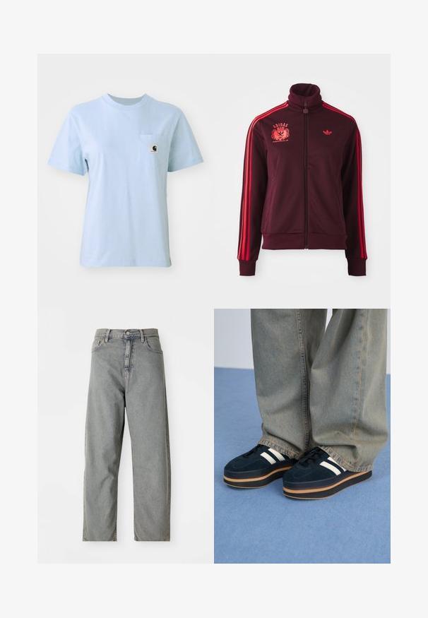 Bordeaux zipsú tracková bunda s vysokým golierom, červenými pruhmi na pleciach a vyšívaným logom na ľavej hrudi. Hladká tkanina, priliehavý strih.; Svetlomodré tričko s krátkym rukávom vyrobené z bavlny, so malou náprsní kapsičkou s logom. Jednoduchý okrúhly výstrih, hladká štruktúra.; Svetlo šedé džíny z denimu so strihom rovného nohavicí, s predným zapínaním na gombík, piatimi vreckami a jemným vyblednutím.; Tmavomodré semišové platformové tenisky s bielymi pruhmi a čiernymi šnúrkami. Majú hrubú hnedú gumovú podrážku. Nosia sa s svetlomodrými džínsami.