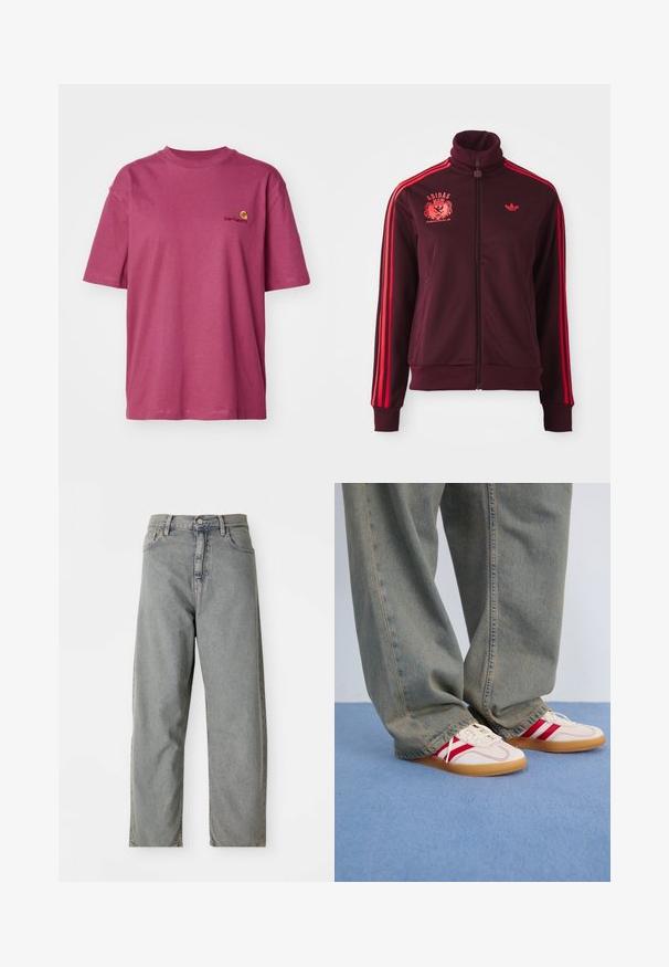 Maroon zip-up track jacket with high collar, red shoulder stripes, and embroidered logo on the left chest. Smooth fabric, fitted design.; Carhartt WIP AMERICAN SCRIPT - Basic T-shirt - dusty fuchsia; Light gray denim jeans with a straight-leg design, featuring a front button closure, five pockets, and subtle fading.; White sneakers with red stripes, textured canvas upper, rounded toe, flat gum sole, paired with loose, faded blue denim pants.