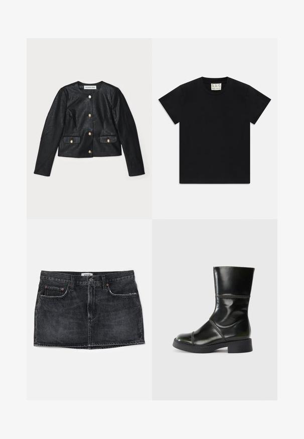 Jachetă scurtă din piele ecologică neagră cu mâneci lungi, guler rotund și închidere cu nasturi aurii. Prezintă două buzunare frontale cu clapete.; Tricou negru cu mânecă scurtă și guler rotund, având un etichetă albă în interiorul gulerului, inscripționată cu "D.R.C. EST. 2002" pe un fundal alb.; Fustă din denim negru cu un design ajustat, două buzunare frontale și un tiv. Prezintă cusături subtile și un eticheta mică la spate.; Botă din piele neagră, la gleznă, cu vârf rotund, finisaj neted, cusături contrastante și toc gros, având o siluetă ușor conică.