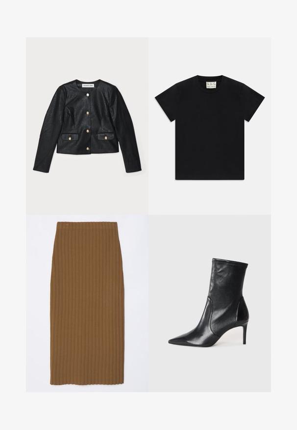 Veste cropped en simili cuir noir avec des manches longues, un col rond et des fermetures à boutons dorés. Dispose de deux poches avant avec rabats.; T-shirt noir à manches courtes avec col rond, portant une étiquette blanche à l'intérieur du col étiquetée "D.R.C. EST. 2002" sur fond blanc.; Jupe midi en maille à côtes marron avec une coupe droite et une taille ajustée, présentant des lignes verticales pour la texture et une finition nette au bas.; Bottes noires à la cheville en cuir lisse, dotées d'un bout pointu, d'un tige ajustée et d'un talon haut fin. Design minimaliste sans quincaillerie visible.