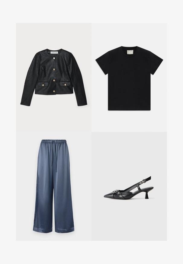 Čierna umelá kožená skrátená bunda s dlhými rukávmi, okrúhlym výstrihom a zlatými gombíkovými uzávermi. Obsahuje dve predné vrecká s chlopňami.; Čierne tričko s krátkym rukávom a okrúhlym výstrihom s bielou štítkom vo vnútri goliera označeným "D.R.C. EST. 2002" na bielom pozadí.; Svetlé nohavice so širokými nohavicami v tmavomodrej farbe s elastickým pásom a nastaviteľným šnúrkovým viazaním. Majú hladkú štruktúru a zúžené manžety na leme.; Čierne kožené slingback topánky s špicatou špičkou, ozdobnými popruhmi s kovovými očkami a nízkym blokovým podpätkom. Textúrovaný povrch.