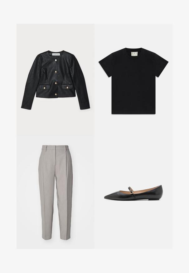 Musta keinonahasta valmistettu lyhyt takki, jossa on pitkät hihat, pyöreä kaulus ja kultaiset nappisuljenta. Takissa on kaksi etutaskua läpillä.; Musta lyhythihainen pyöreäkauluksinen t-paita, jonka sisäkauluksessa on valkoinen etiketti, jossa lukee "D.R.C. EST. 2002" valkoista taustaa vasten.; Vaaleanharmaat istuvat housut, joissa on sileä pinta, pleidit edessä ja suora lahje. Varustettu vyölenkeillä ja kiiltävällä viimeistelyllä.; Musta nahkainen ballerinat, joissa on terävä kärki ja sivuhihna, jossa on pyöreä kultainen yksityiskohta. Kevyet ja litteällä pohjalla.