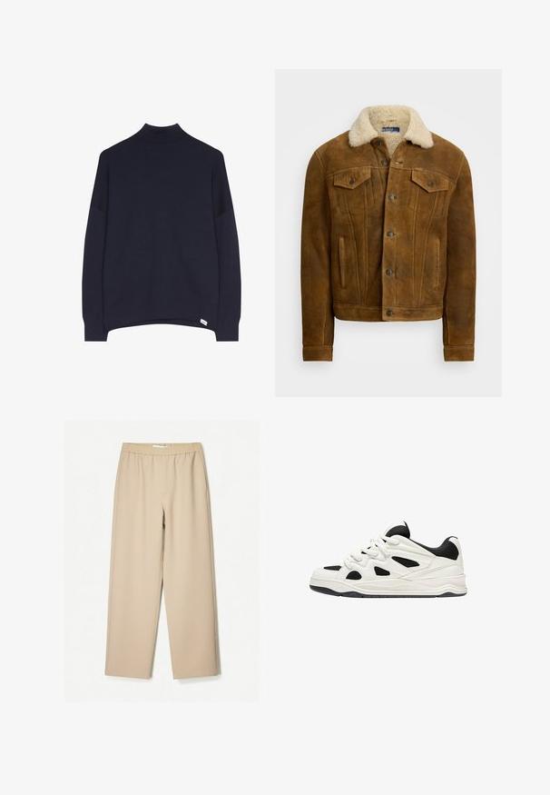 Giacca di pelle marrone con colletto in pelliccia sintetica, tasche frontali visibili e chiusure a bottoni. Texture liscia con un design classico.; Maglione a collo alto blu navy con vestibilità rilassata, realizzato in tessuto morbido. Presenta spalle scese e orlo dritto. Nessun motivo o accento visibile.; Pantaloni a gamba larga beige con vita elastica, realizzati in tessuto morbido, caratterizzati da una texture liscia e dettagli di cucitura minimi.; Scarpe da ginnastica bianche e nere con suola testurizzata, caratterizzate da intagli sui lati e lacci, e una schiena imbottita per il supporto.