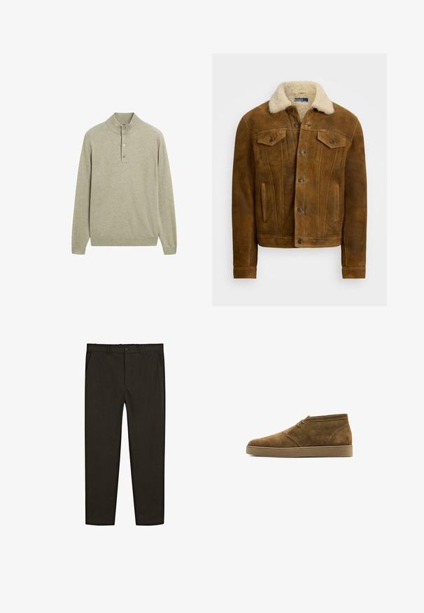 Giacca di pelle marrone con colletto in pelliccia sintetica, tasche frontali visibili e chiusure a bottoni. Texture liscia con un design classico.; Pullover verde chiaro con colletto alto, patta con cinque bottoni e maniche lunghe. Realizzato in un tessuto morbido e testurizzato con polsini e orlo a coste.; Pantaloni in tessuto intrecciato marrone scuro con design a gamba dritta, tasche anteriori e chiusura con bottone in vita. Texture liscia.; Stivaletti alla caviglia in suede marrone con punta tondeggiante, design con lacci e suola in gomma beige, che mostrano una trama liscia e uno stile minimalista.