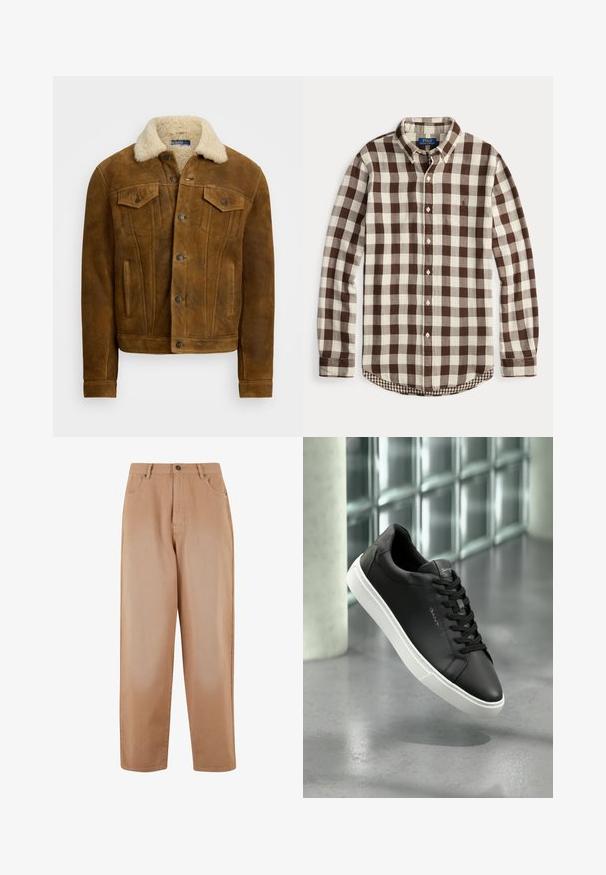 Bruine leren jas met een nepleren kraag, zichtbare voorzakken en knoopsluitingen. Gladde textuur met een klassiek ontwerp.; Overhemd met lange mouwen en knopen, met bruin en crèmekleurig geruit patroon, een knoopsluiting bij de kraag en een subtiel geborduurd logo op de borst.; Beige broek met wijde pijpen, gemaakt van zachte katoenstof. Kenmerkt zich door een sluiting met een knoop en ritssluiting aan de voorkant, vijf zakken en riemlussen.; Zwarte leren sneaker met een witte rubberen zool, ronde neus en veters. Kenmerkt zich door een gladde textuur en subtiele branding op de tong.