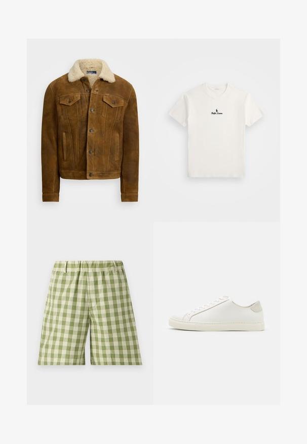 Brūns ādas jaka ar mākslīgo kažokādu apkakli, redzamām priekšējām kabatām un pogu aizdariem. Gluda tekstūra ar klasisku dizainu.; Balts kokvilnas T-krekls ar melnu izšūtu polo spēlētāja logotipu un tekstu "Ralph Lauren" uz krūšu. Īsas piedurknes, apaļš kakls.; Zaļi raibi šorti ar vieglu audumu, elastīgu jostasvietu un sānu kabatām. Rūtiņu raksts mijas starp gaiši zaļu un tumši zaļu.; Balti ādas sporta apavi ar gludu virsmu, noapaļotu purngala daļu un minimālistisku dizainu. Iezīmējas ar bežām akcentiem uz papēža un gumijas zoli.