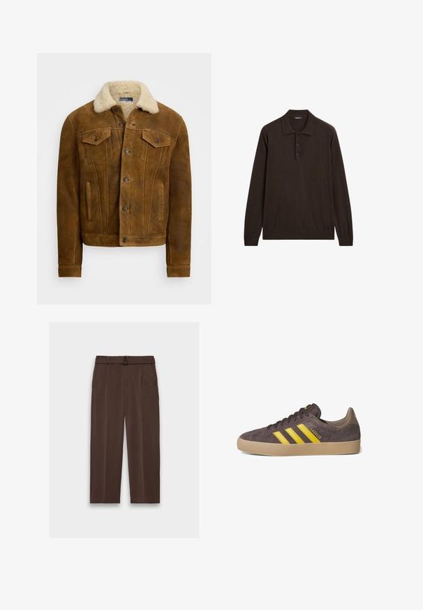 Bruine leren jas met een nepleren kraag, zichtbare voorzakken en knoopsluitingen. Gladde textuur met een klassiek ontwerp.; Donkerbruin poloshirt met lange mouwen, drie knopen en een klassieke kraag, weergegeven op een witte achtergrond.; Bruine broek met een riem, met een hoge taille, geplooide voorkant en zijzakken; gemaakt van gladde, gestructureerde stof.; Grijze suède sneaker met drie gele strepen, rubberen gumzool en textuurdetails. Merkwaarde "Gazelle" aan de zijkant. Eenvoudig vetersluiting ontwerp.
