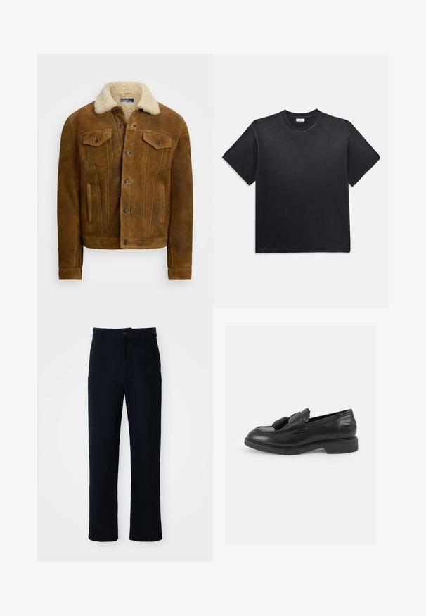 Ruda odinė striukė su dirbtinio kailio apykakle, matomomis priekinių kišenėmis ir mygtukų uždarymu. Sklandi tekstūra su klasikinio dizaino elementais.; Juodas medvilninis marškinėliai su apvaliu kaklu ir trumpomis rankovėmis. Turi laisvą siluetą, lygią tekstūrą ir minimalistinį dizainą.; Tamsiai mėlynos medvilninės kelnės, turinčios tiesioginį kirpimą, priekyje užsegamos mygtuku ir klasikine juosta su dirželio kilpom.; Juodi odiniai loafersai su apvalia nosimi, dekoratyvinėmis kutais, siuvinėti detaliai ir žemu guminiu padu. Klasikinis slip-on dizainas.