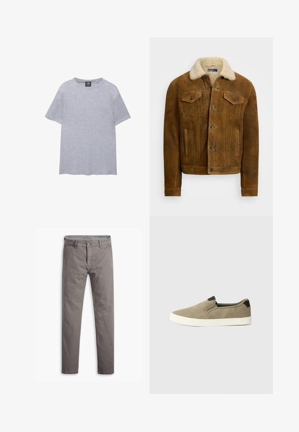 Hnedá kožená bunda s umelým kožušinovým golierom, viditeľnými prednými vreckami a gombíkovým zapínaním. Hladká textura s klasickým dizajnom.; Sivý tričko s krátkym rukávom vyrobené z bavlny. Má okrúhly výstrih a voľný strih. Jednoduchý dizajn bez vzorov alebo akcentov.; Šedé chinos s hladkou štruktúrou, rovnými nohavicami, štandardným dizajnom s piatimi vreckami a kovovým gombíkom v páse.; Hnedé nazúvacie topánky s textilným vrchom, kontrastným čiernym opätkom a bielou gumovou podrážkou. Perforovaný dizajn pre priedušnosť.