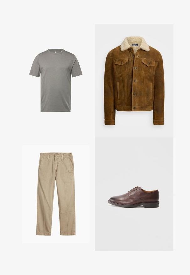 Hnědá kožená bunda s límcem z umělé kožešiny, viditelnými předními kapsami a knoflíkovým zapínáním. Hladká textura s klasickým designem.; Šedé tričko s krátkým rukávem vyrobené z měkké, prodyšné látky. Má kulatý výstřih a štítek v dolním levém rohu.; Beige rovné chino kalhoty s poutky na opasek, zapínáním na přední knoflík a zip, a šikmými předními kapsami.; Hnědé kožené pánské formální boty na šněrování s hladkým povrchem a vrstveným podpatkem na bílém pozadí.