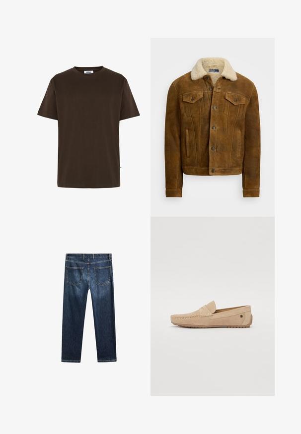 Brown leather jacket with a faux fur collar, visible front pockets, and button closures. Smooth texture with a classic design.; Minimum AARHUS - Basic T-shirt - 1914 seal brown; Dark blue denim jeans with a straight-leg cut, five pockets, and contrasting stitching. Features a clean waistband and hemline.; Jack & Jones JFWJENSEN - Moccasins - moonbeam